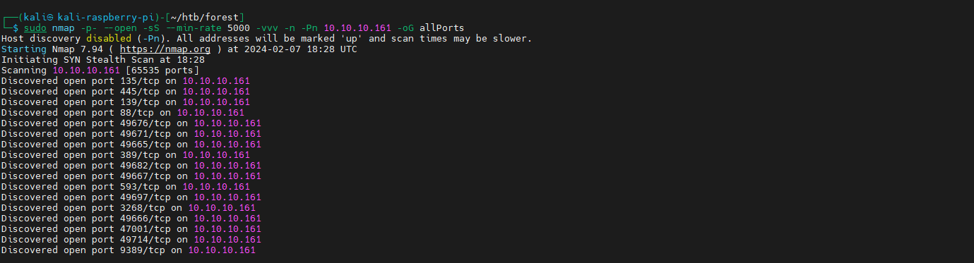 Escaneo detallado Nmap de HTB Forest (10.10.10.161)