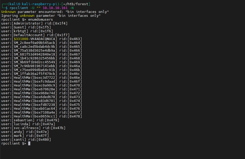 Enumeración de usuarios con rpcclient en HTB Forest